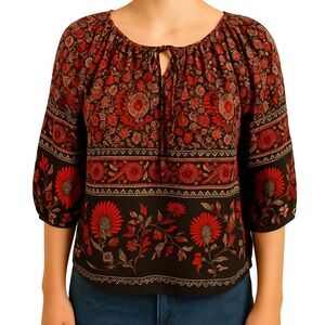 Joie Boho Floral Peasant Top Red Black Tie Neck Puff Sleeve Romantic Style Small